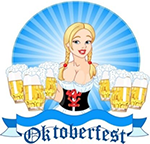 Biermaid with six steins, 'Oktoberfest' text at bottom